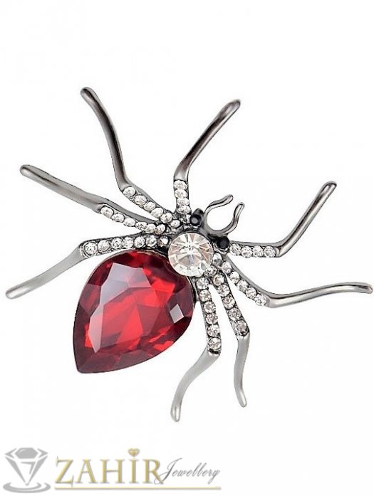 Дамски бижута - Великолепен паяк брошка с голям червен кристал и малки бели камъни,размери 6 на 5 см, сребриста основа - B1284